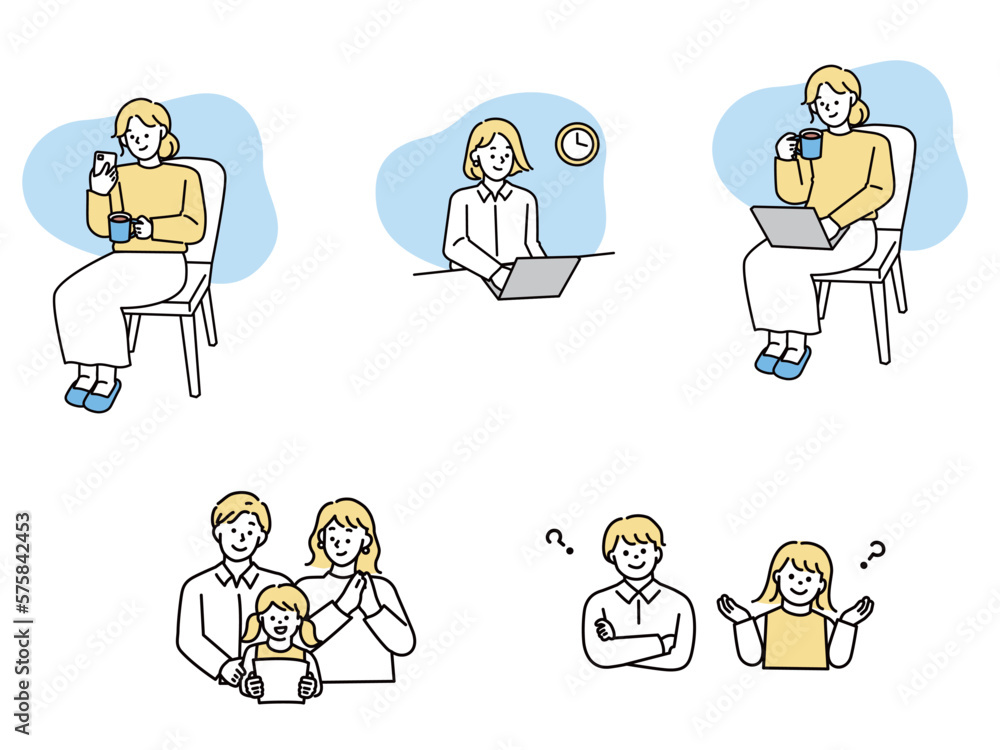 おうちのイラスト(リラックス、おうち時間、仕事、副業、家族) おうちのイラスト(リラックス、おうち時間、仕事、副業、家族)