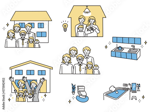 マイホームのイラスト(家族、子供、オール電化、リフォーム、リノベーション、新居、新築) Illustration of my home.Family, children, all electrification, renovation, renovation, new house, new building.