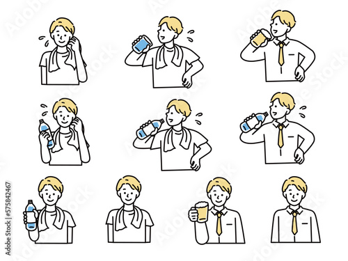 運動、飲み会のイラスト(水分補給、忘年会、ビール、汗をかく、健康、接待) Illustrations of exercise and drinking parties.Hydrating, year-end parties, beer, sweating, health and entertainment.