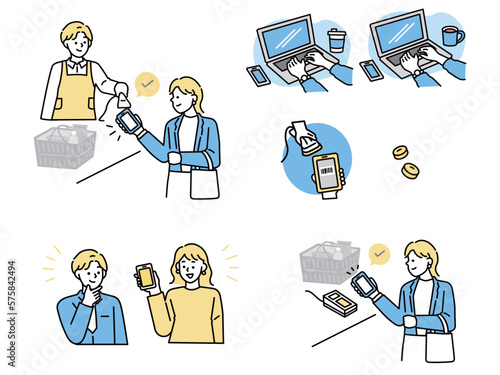 キャッシュレス決済のイラスト(コンビニ、パソコン作業、ネットショッピング) Illustration of cashless payment.Convenience store, computer work, online shopping.