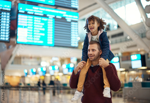 Travel, father and piggyback girl at airport, laughing at comic joke and having fun together. Immigration flight, adoption care and happy man carrying foster kid or child at airline, smile or bonding
