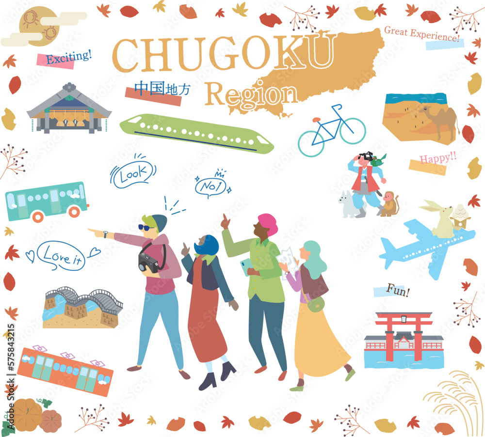 日本の中国地方の秋の名物観光を楽しむ観光客、アイコンのセット（フラット）