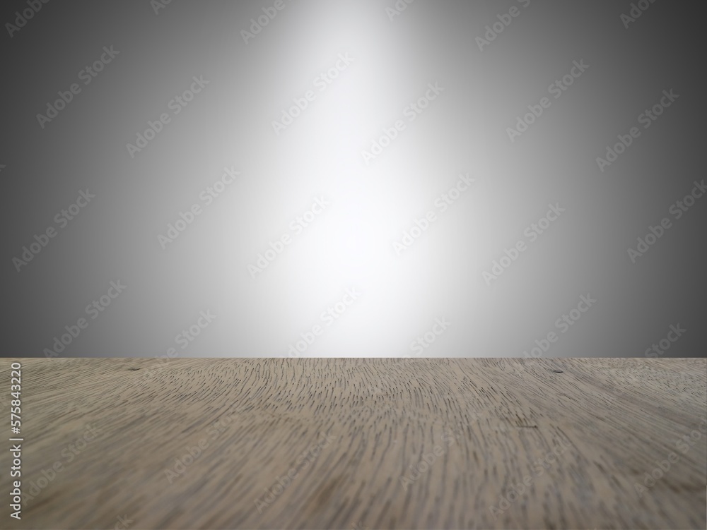 Nature wood floor perspective with ray of light on grey background.