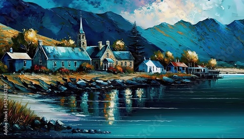 paint like illustration style beautiful illustration coastal seaside village with nobody, Generative Ai 
