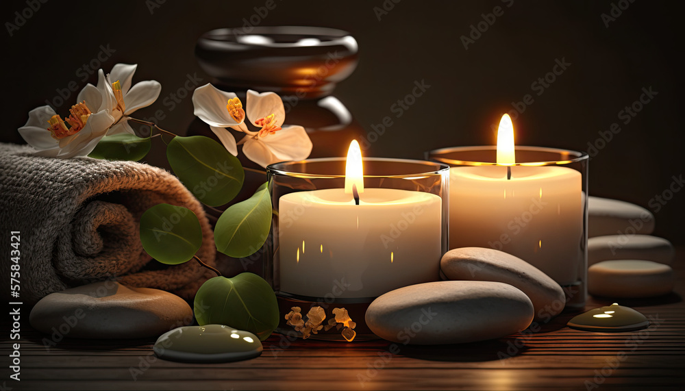 candles on a table, cozy spa or room decoration, generative ai illustration