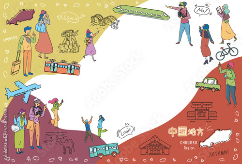 日本の中国地方の秋の名物観光を楽しむ観光客、アイコンのセット（線画）