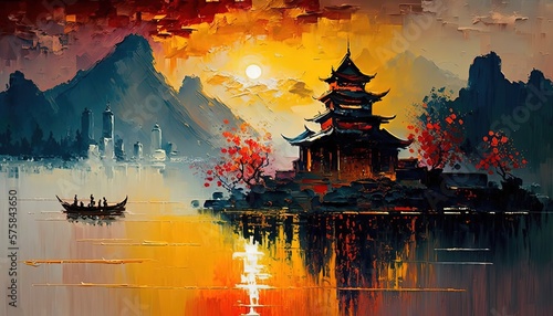 Fotografia paint like illustration of Asian ancient town lakeside landscape , Generative Ai