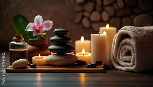 zen spa with aroma oil product in peaceful atmosphere  Generative Ai