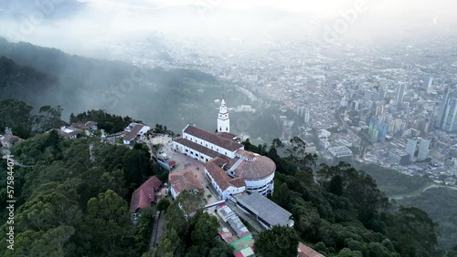 Aerial drone view from Monserrate church of downtown Bogota - Corner and skyscrapers of the largest city in Colombia photo