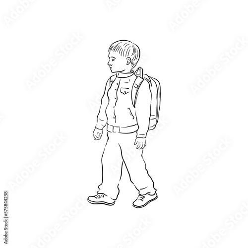 vector line drawing sketch of schoolboy with backpack, schoolchild, hand drawn illustration