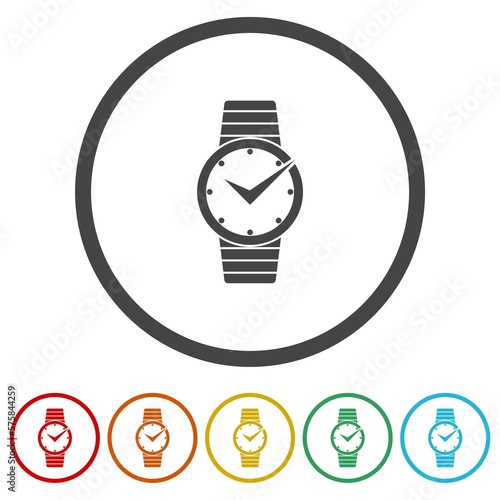  Watch silhouette icons in color circle buttons