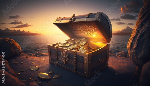  illustration of opened treasure chest full of gold coins and jewelry with glow light, Generative Ai