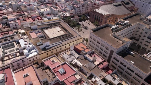 Cádiz Spain. Aerial View Buildings Gran Falla Theatre and Plaza Fragela Square, photo