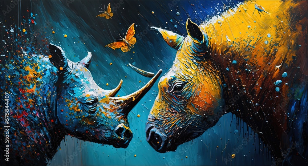 Fototapeta illustration of cute animal smile face in spring flower gardens, idea for children room wall decor or animal wallpaper, rhino family, generative Ai