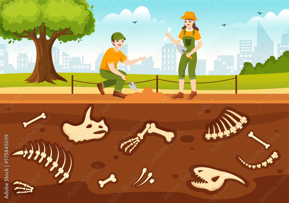 Fossil Illustration with Archaeologists Finds Dinosaurs Skeletons on Excavations or Digging Soil