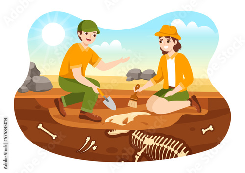 Fossil Illustration with Archaeologists Finds Dinosaurs Skeletons on Excavations or Digging Soil Layers in Flat Cartoon Hand Drawn Templates