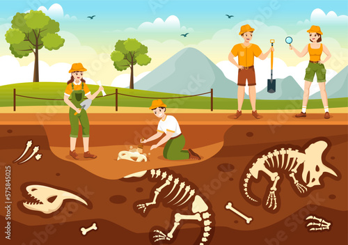 Fossil Illustration with Archaeologists Finds Dinosaurs Skeletons on Excavations or Digging Soil Layers in Flat Cartoon Hand Drawn Templates