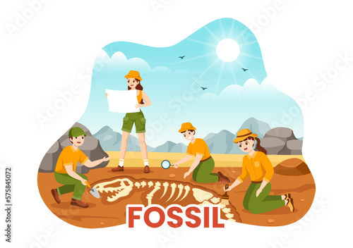 Fossil Illustration with Archaeologists Finds Dinosaurs Skeletons on Excavations or Digging Soil Layers in Flat Cartoon Hand Drawn Templates
