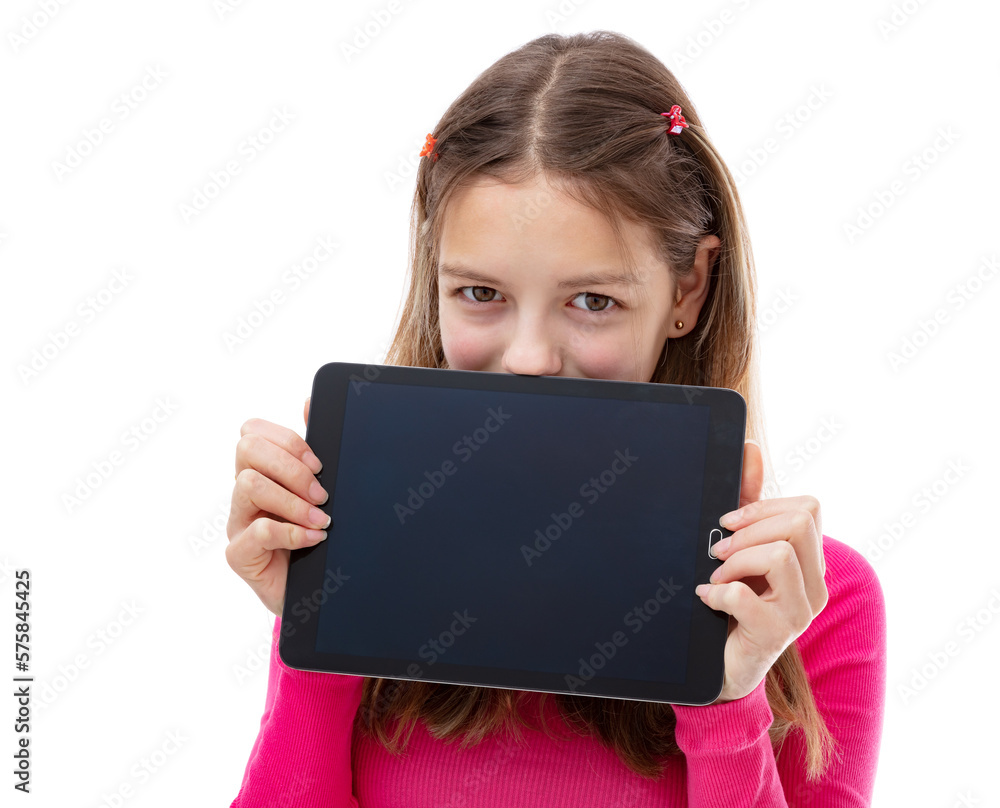 Portrait of fourteen year old teenager covers himself with a tablet, only eyes are visible. Chestnut caucasian girl in pink turtleneck showing and displaying black tablet ready for your text. Portrait of fourteen year old teenager covers himself with a tablet, only eyes are visible. Chestnut caucasian girl in pink turtleneck showing and displaying black tablet ready for your text.