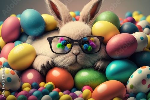 cute rabbit wearing sunglasses, surrounded by colorful easter eggs. cartoon style.Generative AI.