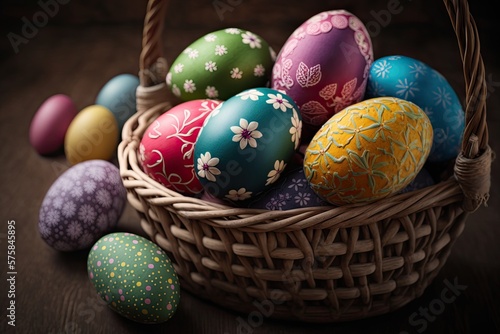 Basket of Colorful hand painted Easter eggs. Generative AI.