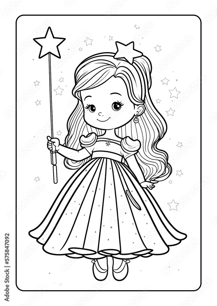 Fototapeta premium Coloring book page for girl children with cute queen princes unicorn mermaid vector illustration fantasy theme