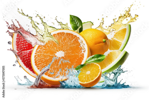 Fruits splashing of juice. Splash of water on white background  Generative AI