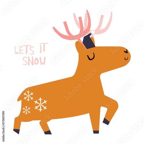 A cute deer with a saying let it snow.  Illustration of a Reindeer in a hat. Isolated Deer. Scandinavian style woodland. Flat design. Concept for kids fashion, textile print, poster, card