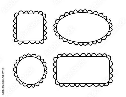 Doodle circle and square scalloped frames. Hand drawn scalloped edge rectangle and ellipse shapes. Simple label form. Flower silhouette lace frame. Vector illustration isolated on white background.