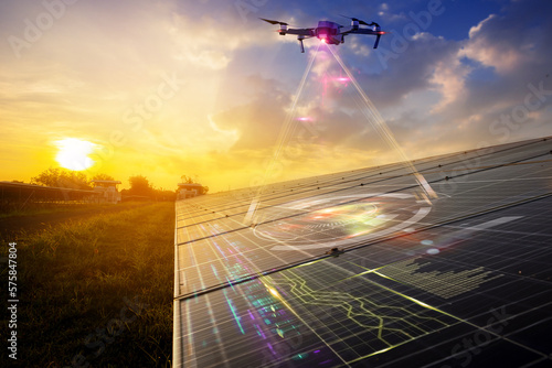 Flying Drone inspection explores and making data for solar cell panel at solar farm with visual effect. Selected focus 