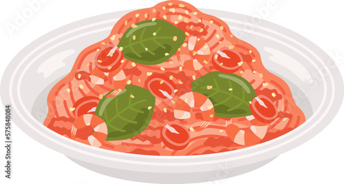皿に盛り付けられた、トマトソースパスタのイラスト