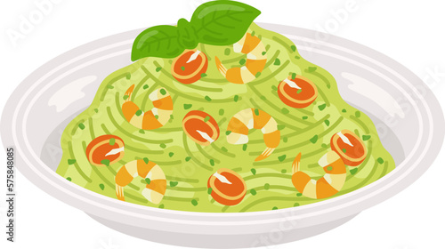 皿に盛り付けられた、ジェノベーゼパスタのイラスト