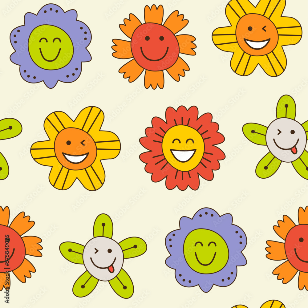 Smiling flower, abstract personage, mascot design, funny face, cute icon
