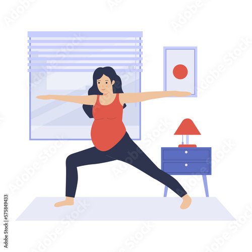 Flat design of pregnant woman practicing yoga at home. Illustration for websites, landing pages, mobile apps, posters and banners. Trendy flat vector illustration
