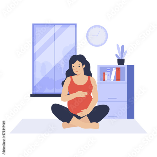 Flat design of pregnant woman practicing yoga at home. Illustration for websites, landing pages, mobile apps, posters and banners. Trendy flat vector illustration