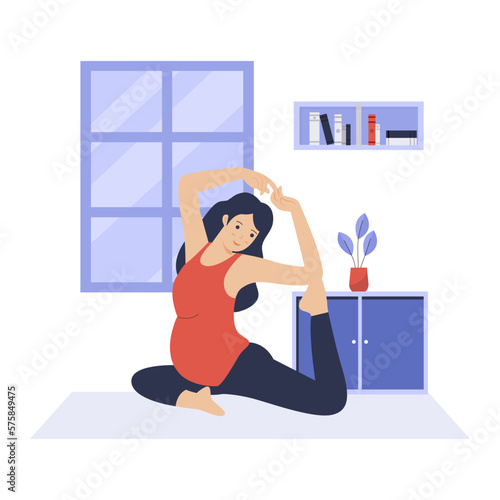Flat design of pregnant woman practicing yoga at home. Illustration for websites, landing pages, mobile apps, posters and banners. Trendy flat vector illustration