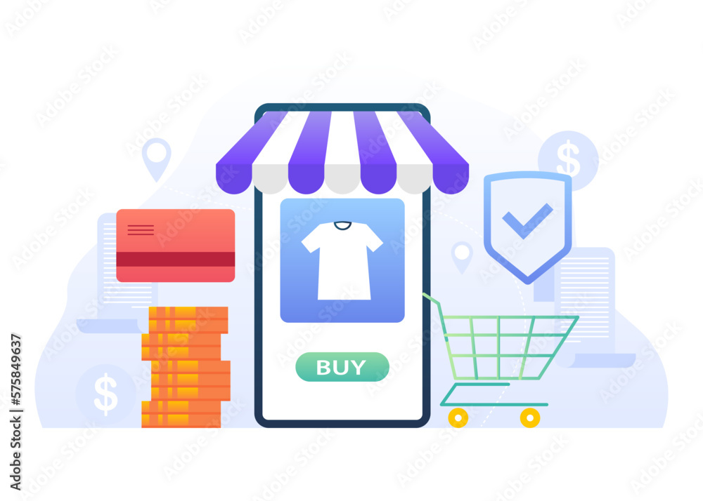 Ecommerce vector illustration, online shopping, smartphone, Small and Medium Enterprise, business concept. smartphone with hood, shopping bag and coin next to screen. suitable for many purposes. Ecommerce vector illustration, online shopping, smartphone, Small and Medium Enterprise, business concept. smartphone with hood, shopping bag and coin next to screen. suitable for many purposes.