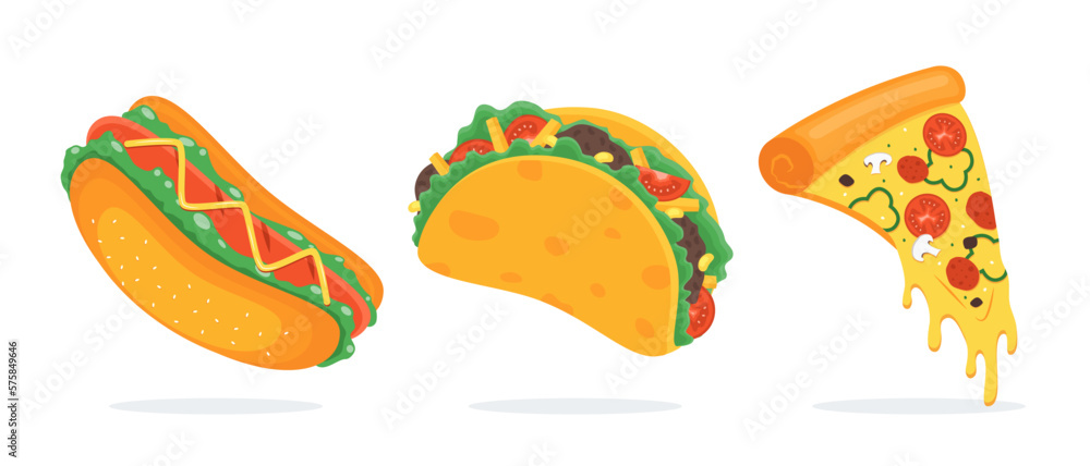 a kind of fast food. Illustration of Pizza, Taco, Hotdog. A Slice of pisa, big hotdog with mustard and sauce, taco full of vegetables, onion and sausage. food vector, Italian pizza with melted cheese