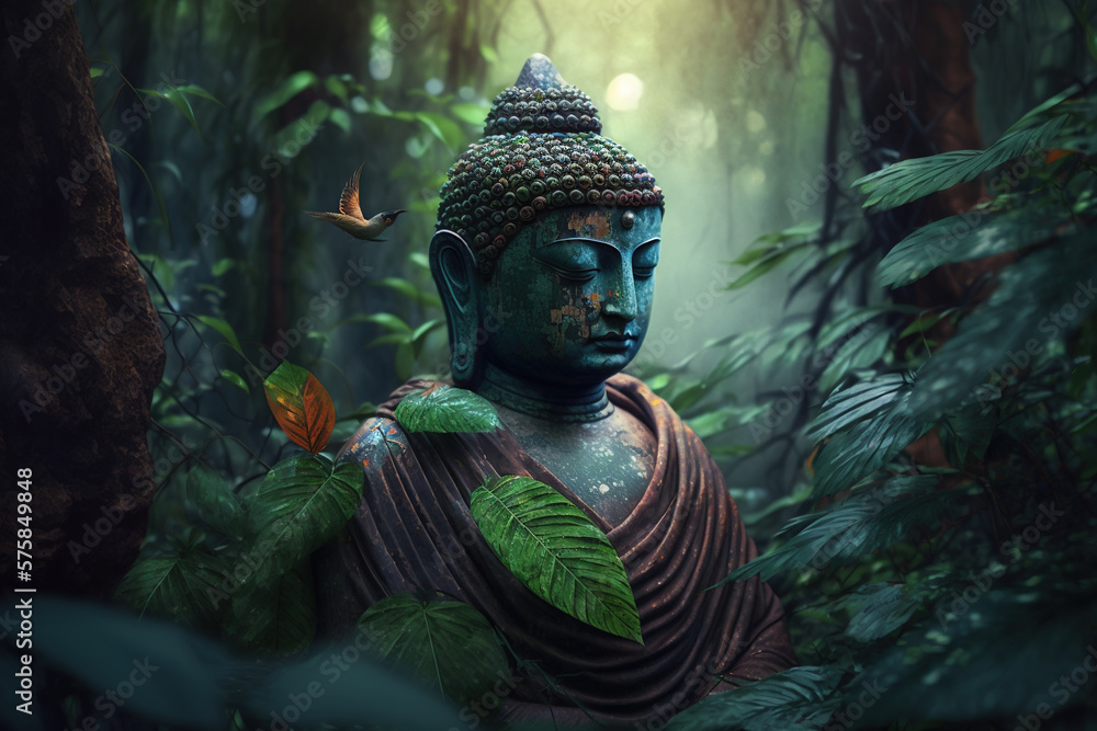 Buddha in a nature friendly peaceful tropical environment. Generative AI