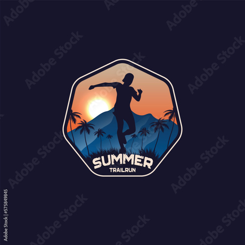 Summer Trail Run logo.Ultra Trail running logo vector illustration on gradient background. © bamban