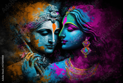 Hindu mythological couple Krishna and Radha in Holi festival concept. Generative AI photo