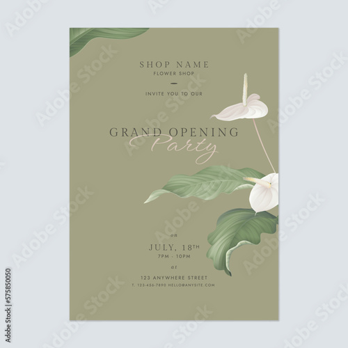 Floral party invitation card template design, white Anthurium flowers and leaves on green