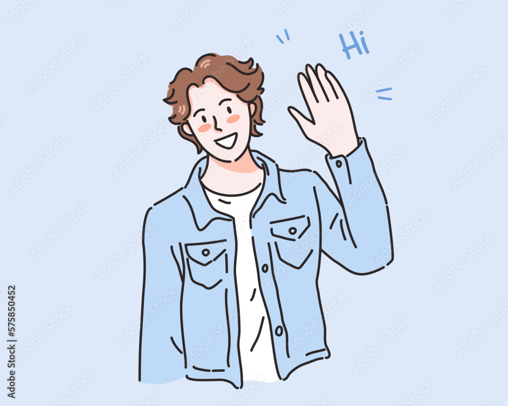 Young man waving say hello with happy and smiling, , friendly welcome gesture, vector illustration Young man waving say hello with happy and smiling, , friendly welcome gesture, vector illustration