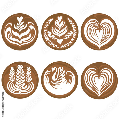 Set of Latte art Coffee Logo Design, Tulip, Heart, Swan, Rosetta on white background, Vector illustration