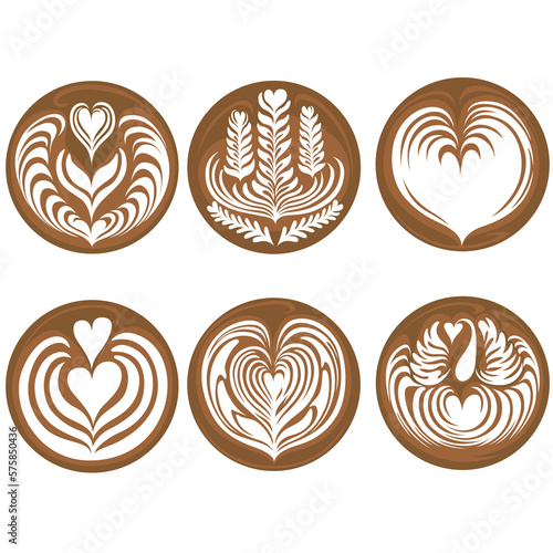 Set of Latte art Coffee Logo Design, Tulip, Heart, Swan, Rosetta on white background, Vector illustration