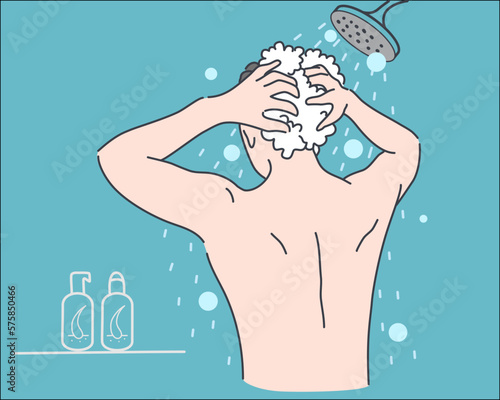 Man washing hair with shampoo in the bathroom, health care and medical concept, vector illustration