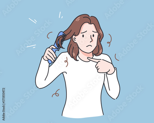Woman holding comb with serious hair loss problem for health care shampoo and beauty product concep, vector illustration