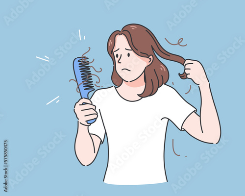 Woman holding comb with serious hair loss problem for health care shampoo and beauty product concep, vector illustration