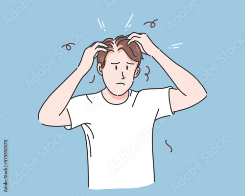Man hand holding on head with serious hair loss and thin hair problem for health care shampoo and beauty product concept, vector illustration