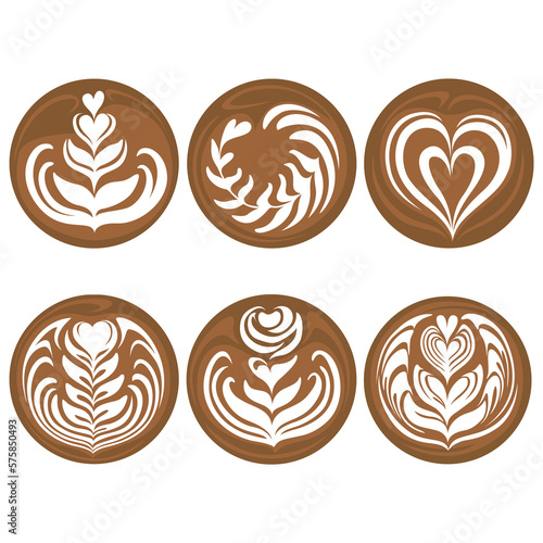 Latte art Coffee Logo Design Set, Tulip, Heart, Rose, Rosetta on white background, Vector illustration